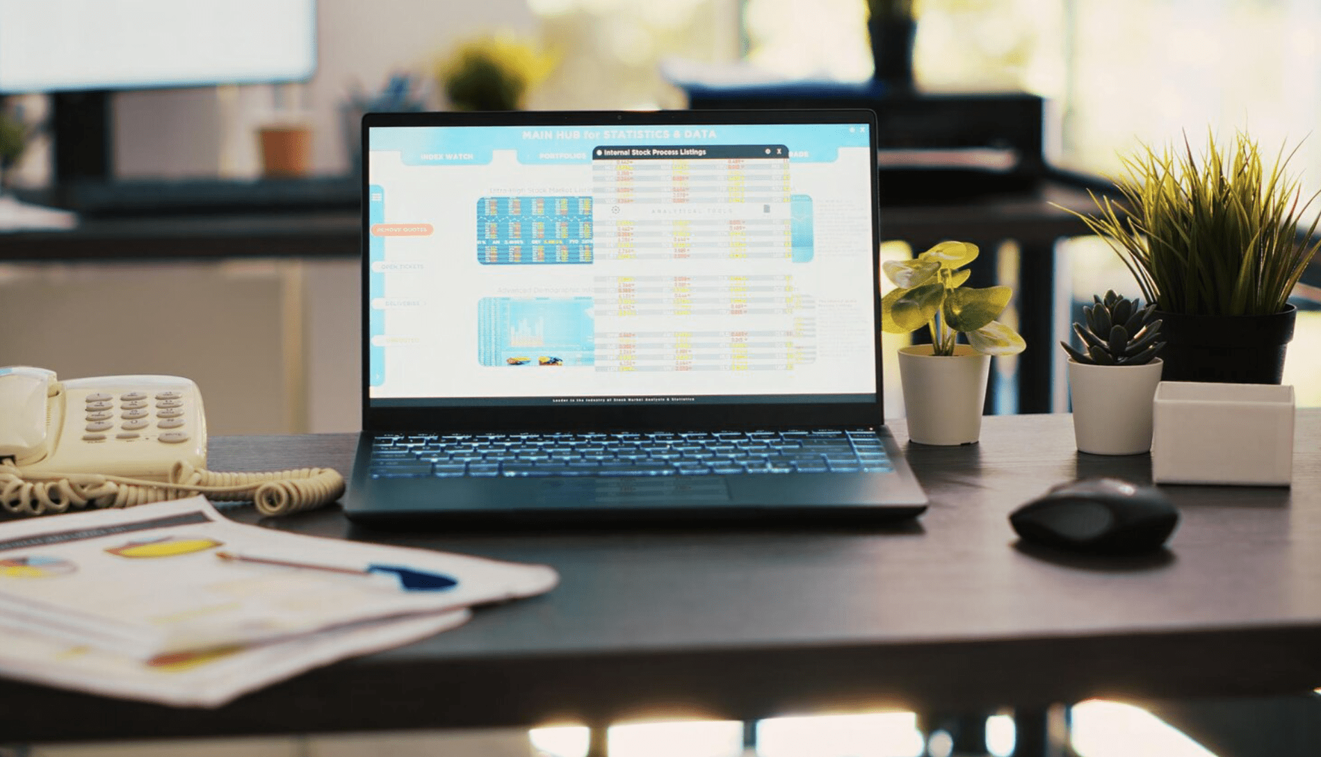 diagrams-with-charts-stock-figures-laptop-sitting-desk