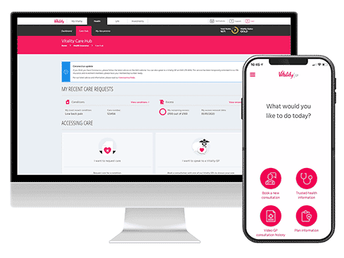 A visual of the Care Hub on a desktop screen and the Vitality GP app on a phone