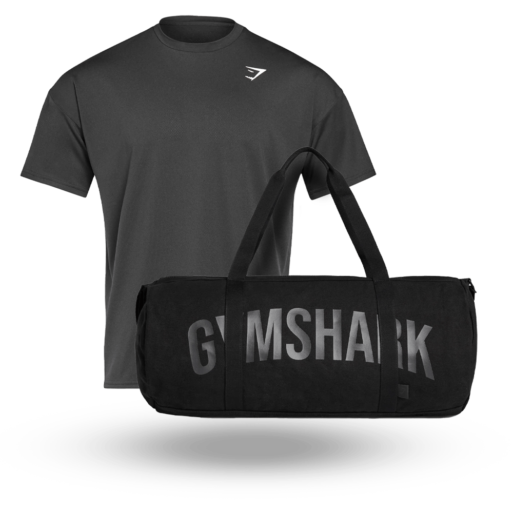 Black Gymshark t-shirt and black sports bag with Gymshark written on the front