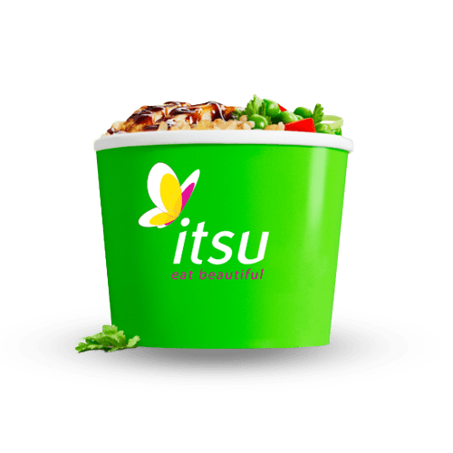 Green itsu bowl with logo on the front