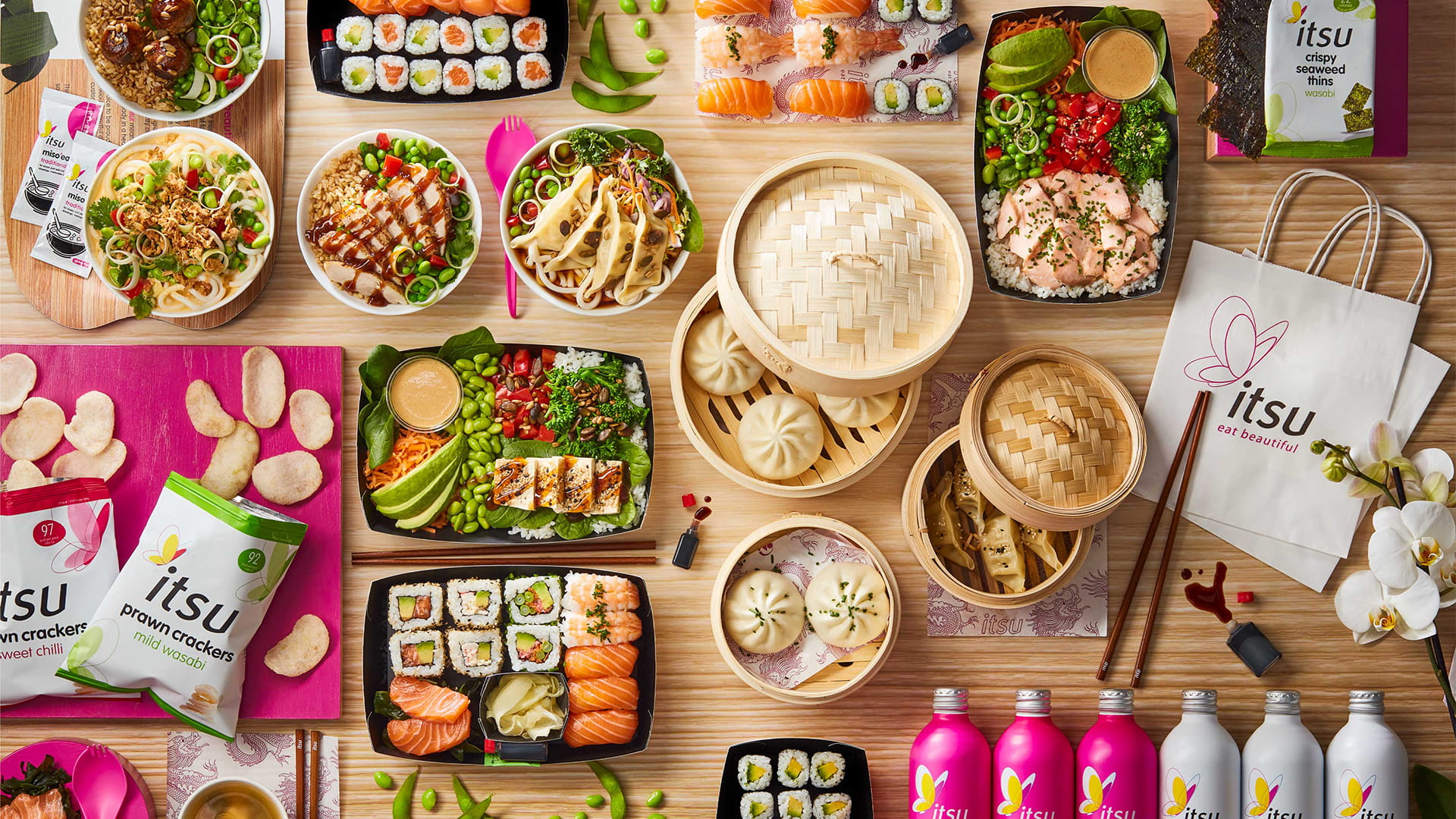 Collection of itsu dishes and items