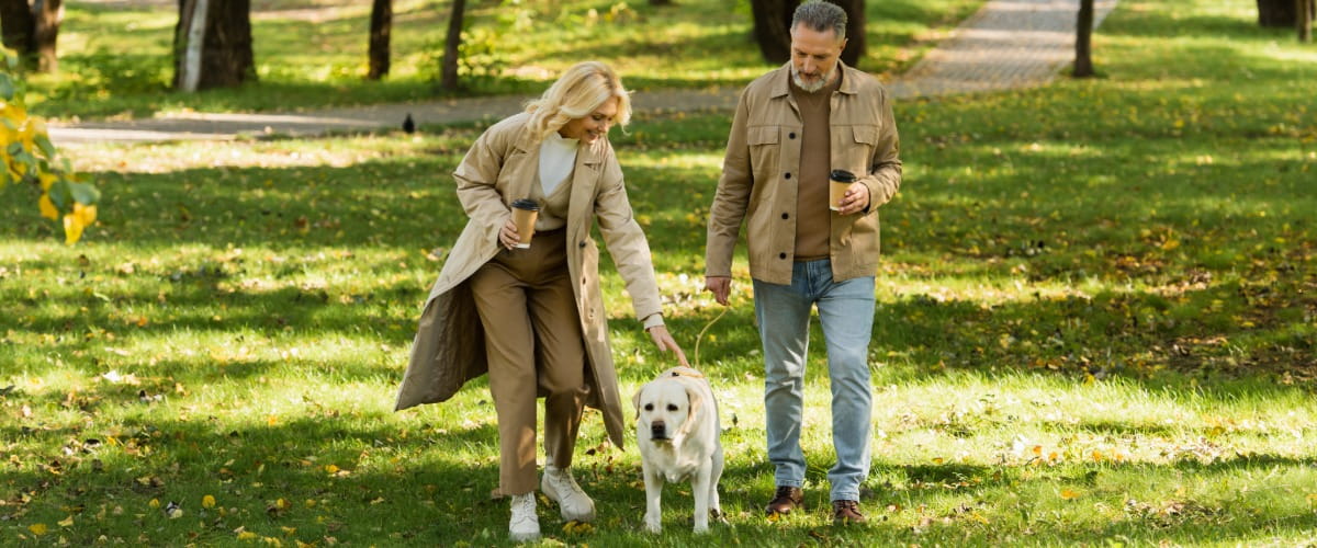 middle-aged-couple-walking-dog